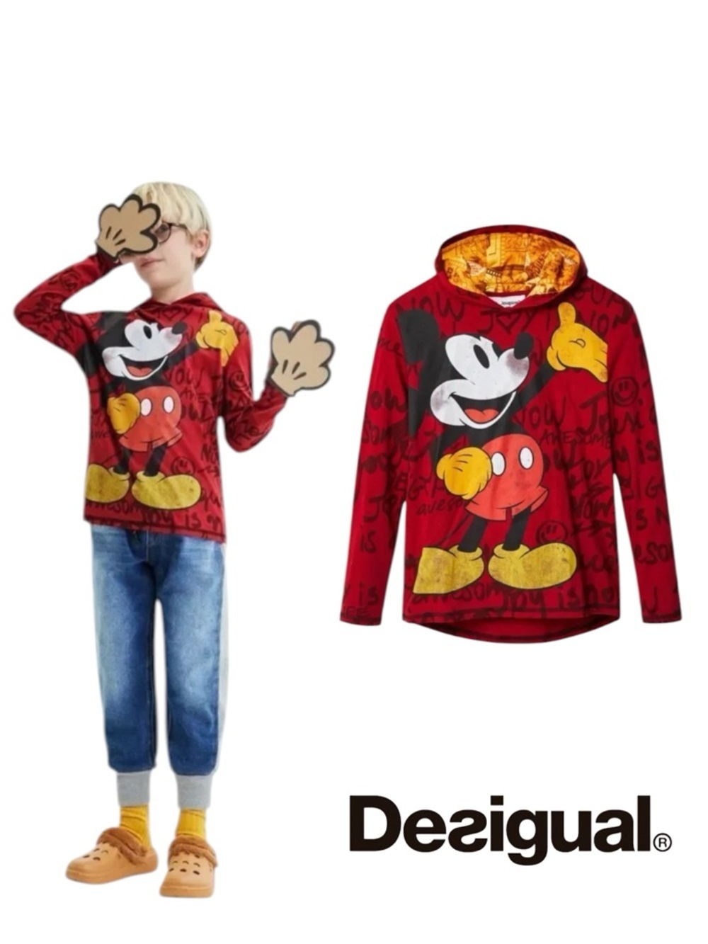 DESIGUAL Mickey Mouse Hooded Long Sleeve Tee NWT Size 12